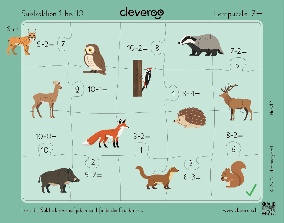 Lernpuzzle 12: "Subtraktion 1 bis 10"